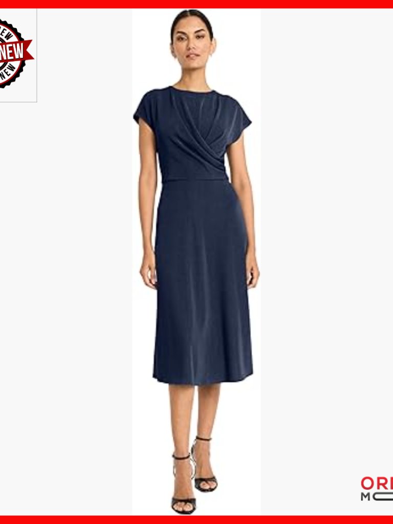 Cap Sleeve Wrap Bodice Midi Dress - A-Line Work Wedding Guest